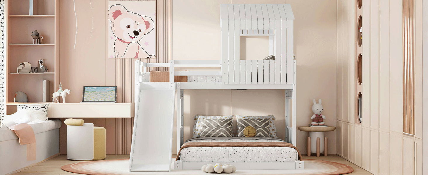 Loft Bunk Bed With Playhouse Farmhouse white wood with ladder, slide and guardrails by HouseOfZazla on Tampa Home & Garden Store