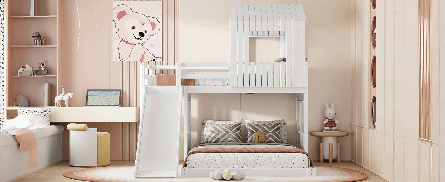 Loft Bunk Bed With Playhouse Farmhouse white wood with ladder, slide and guardrails by HouseOfZazla on Tampa Home & Garden Store
