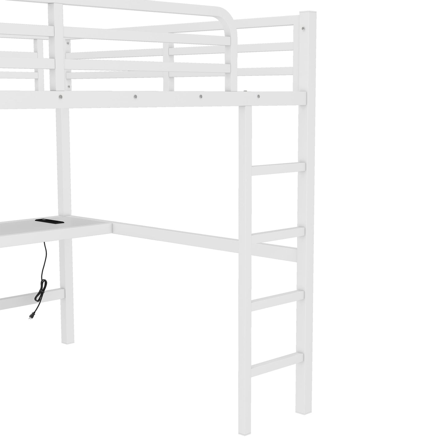 White metal queen loft bed by HouseOfZazla with built-in power outlet and LED lighting on Tampa Home & Garden Store