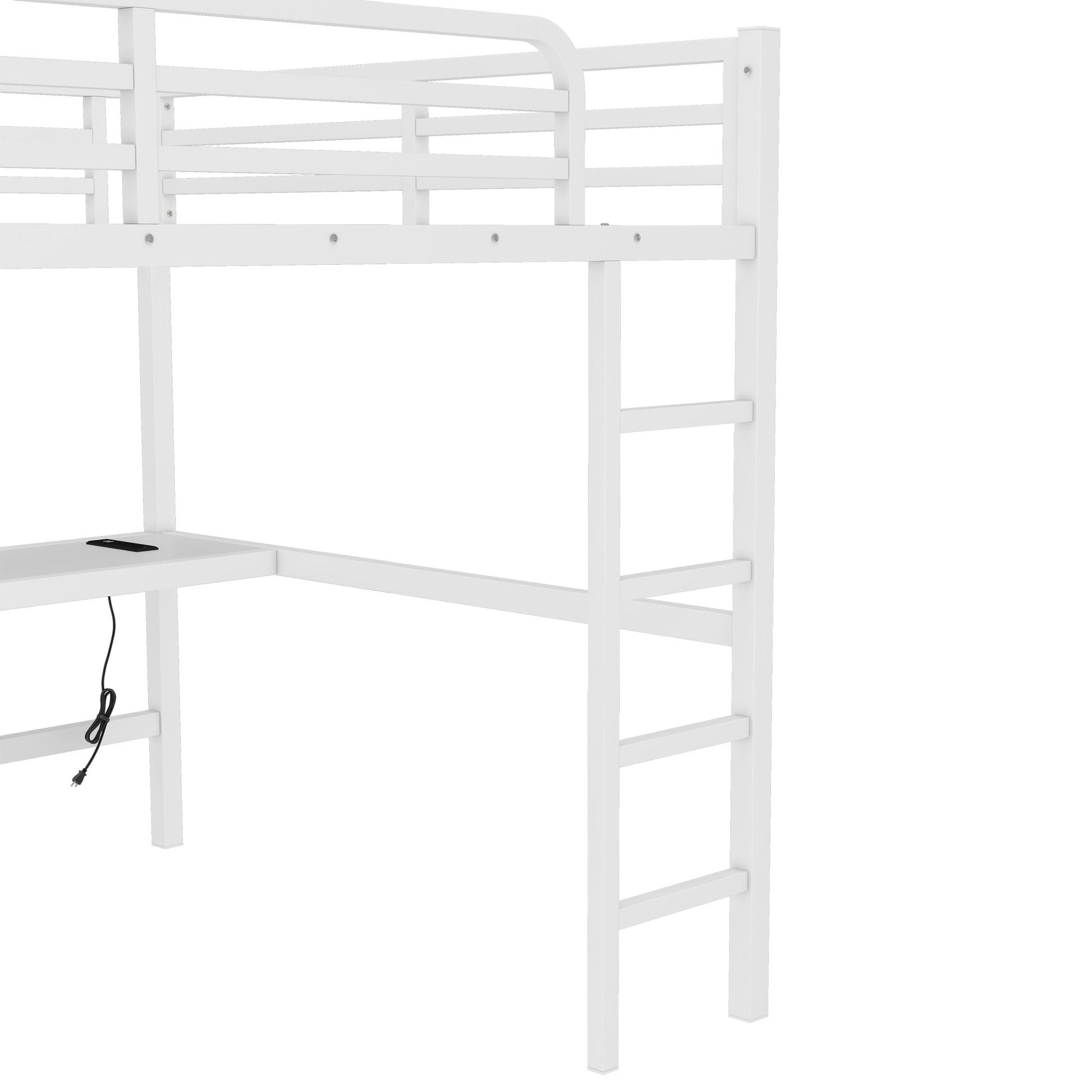 White metal queen loft bed by HouseOfZazla with built-in power outlet and LED lighting on Tampa Home & Garden Store