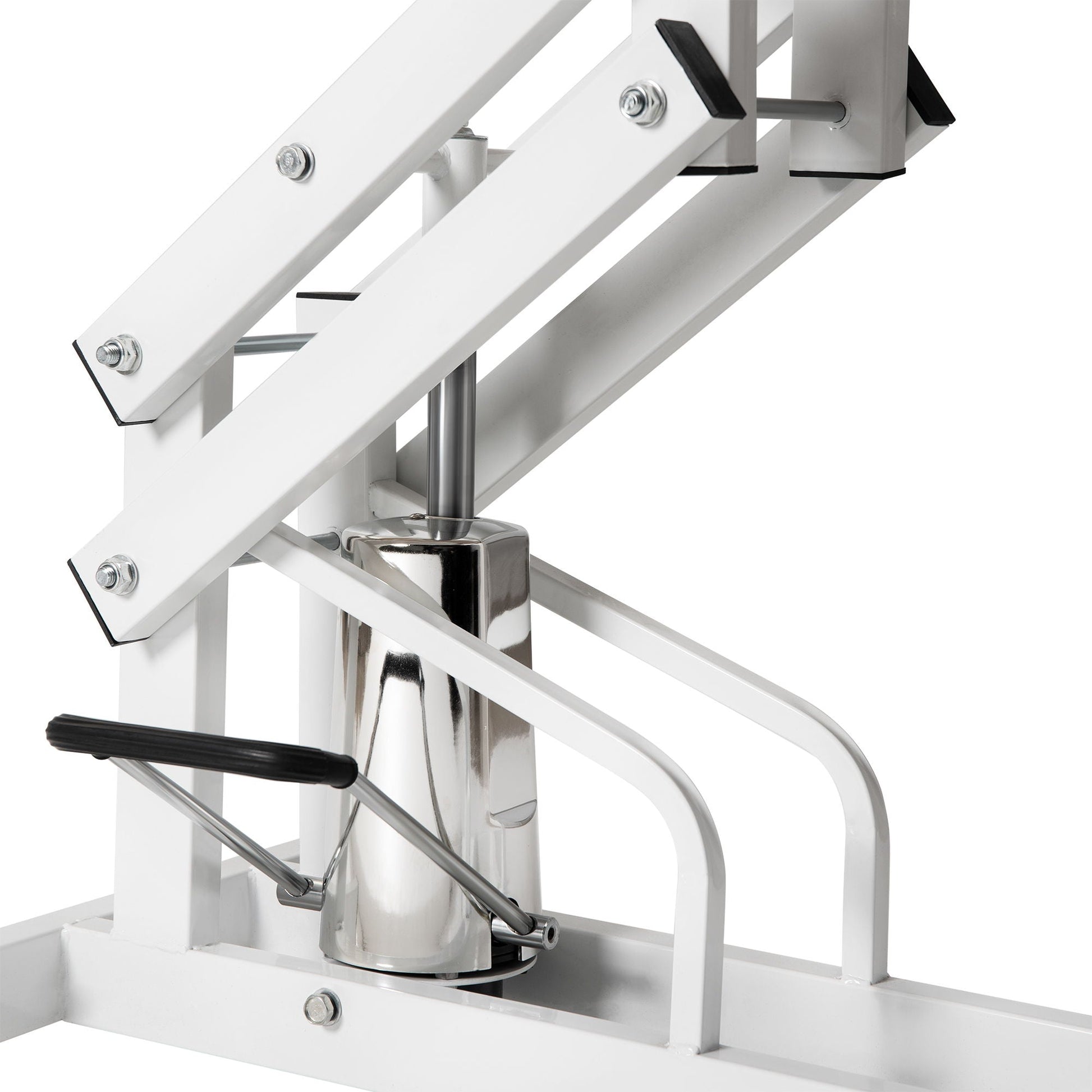 Hydraulic Pet Grooming Table white frame with chrome column and black foot caps on Tampa Home & Garden Store