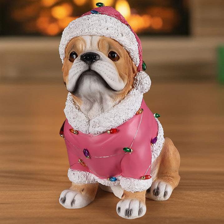 Christmas Pug Statue in pink holiday coat with white faux fur trim and multicolored lights on Tampa Home & Garden Store