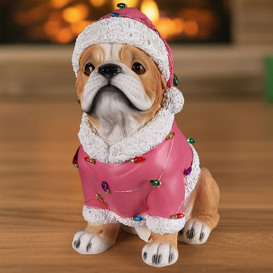 Christmas Pug Statue in pink holiday coat with white faux fur trim and multicolored lights on Tampa Home & Garden Store
