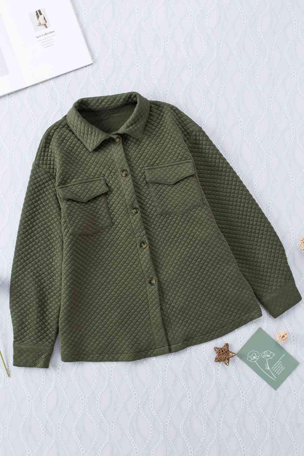 Stevvex olive green quilted jacket with button-down front, collar, and dual chest pockets on Tampa Home & Garden Store
