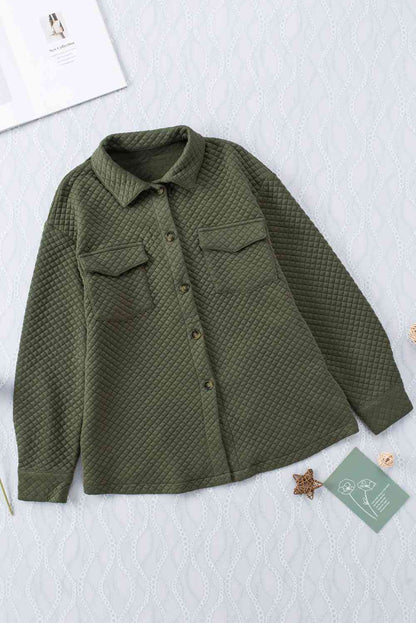 Stevvex olive green quilted jacket with button-down front, collar, and dual chest pockets on Tampa Home & Garden Store