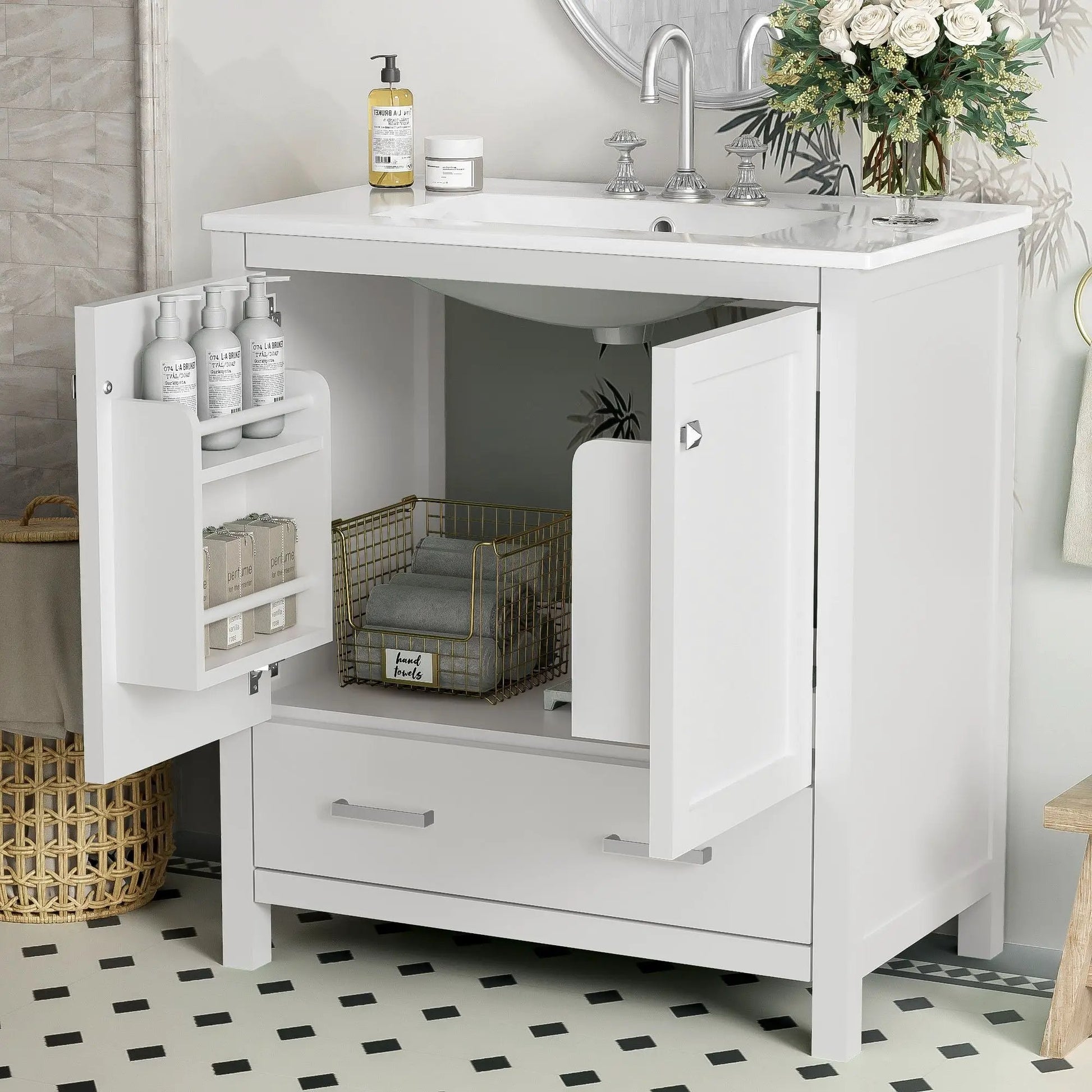 Bathroom vanity with single sink, cabinet, wood frame, two doors and a drawer, soft-close on Tampa Home & Garden Store