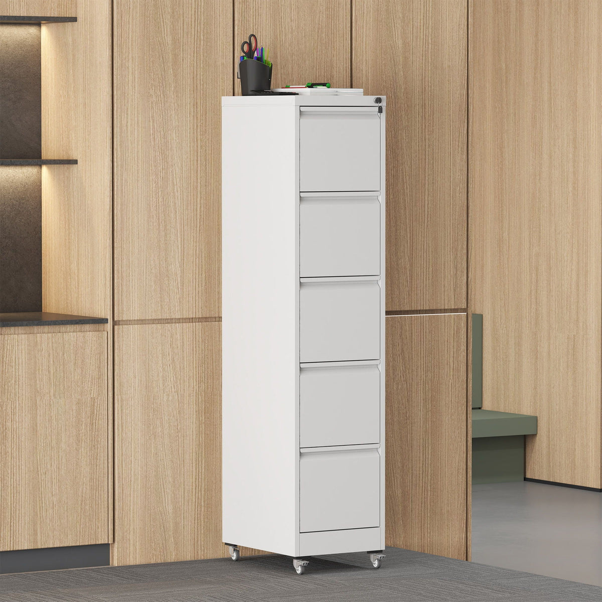 HouseOfZazla metal vertical filing cabinet with locking drawers and wheels, white on Tampa Home & Garden Store