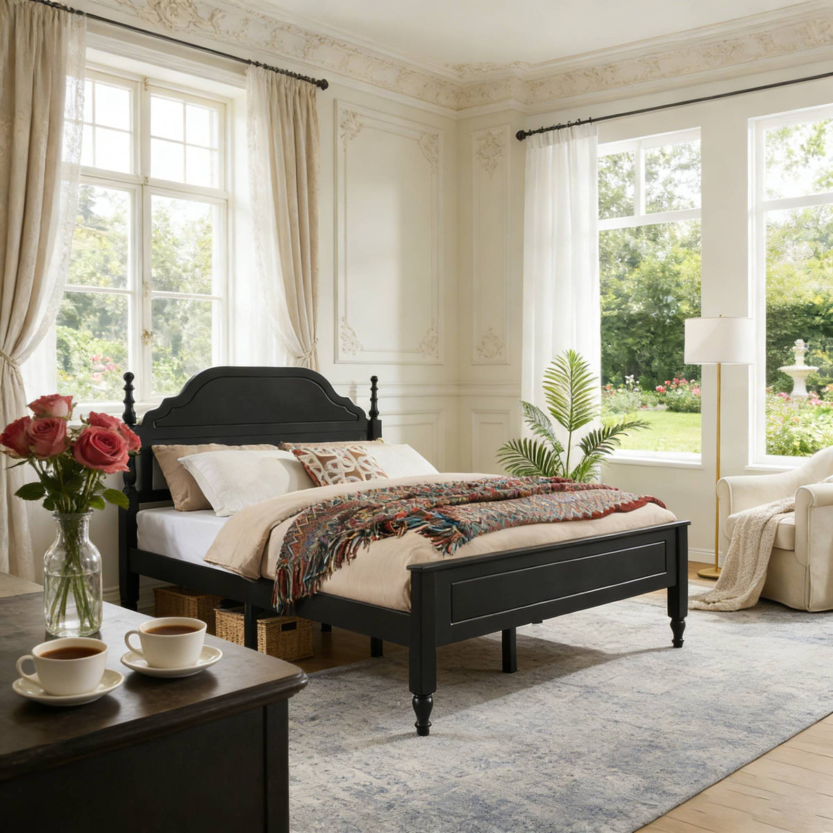 Queen bed with black wood frame and padded headboard insert, beige bedding on Tampa Home & Garden Store