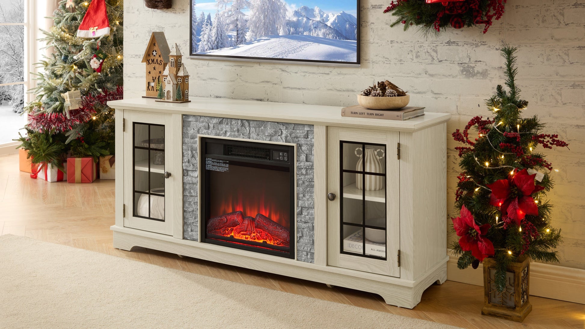 58-inch Modern TV Stand with Fireplace and Storage in oak with glass doors HouseOfZazla on Tampa Home & Garden Store
