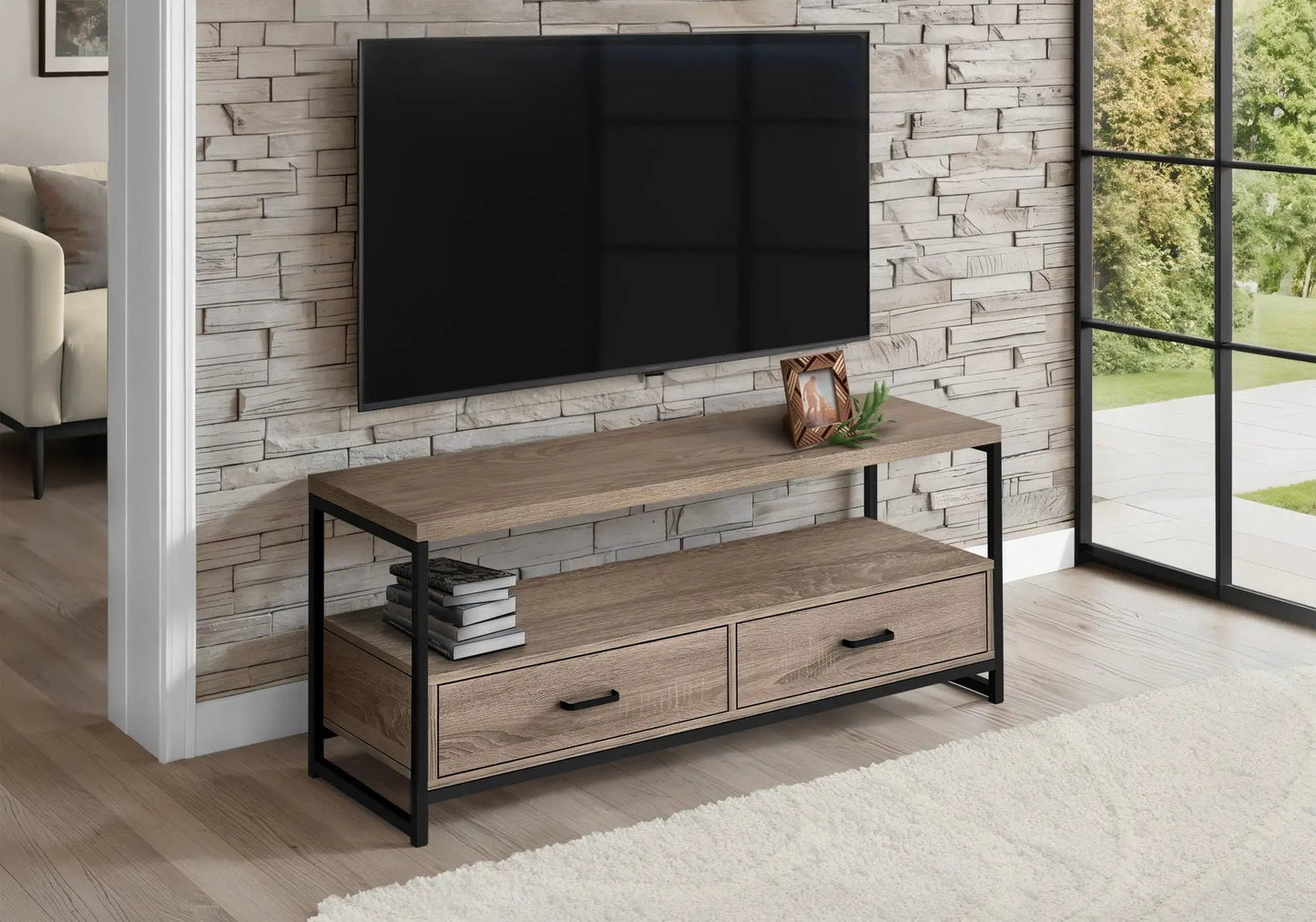 TV stand console with two storage drawers, rustic wood finish and black metal frame on Tampa Home & Garden Store