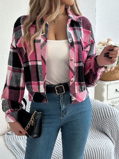 Stevvex pink plaid button-up long sleeve jacket for women, cozy trendy everyday wear on Tampa Home & Garden Store