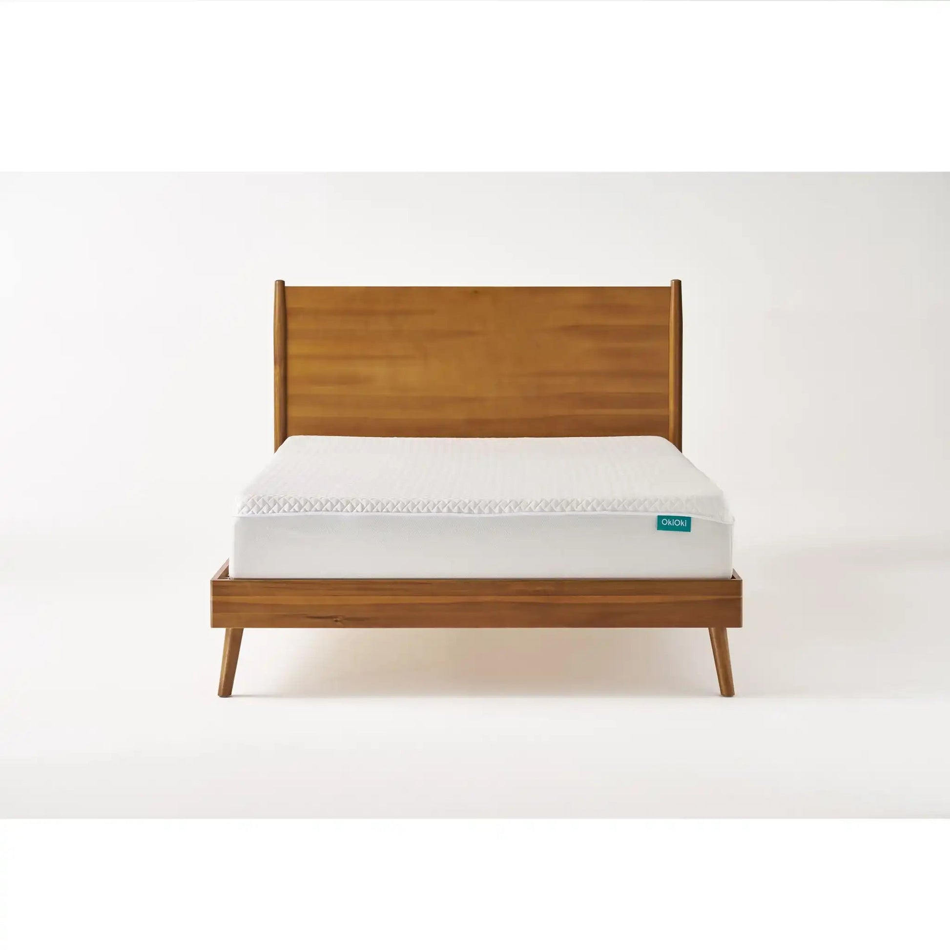 Okioki Mid-Century Wood Bed by HouseOfZazla, wooden platform bed with tall headboard on Tampa Home & Garden Store