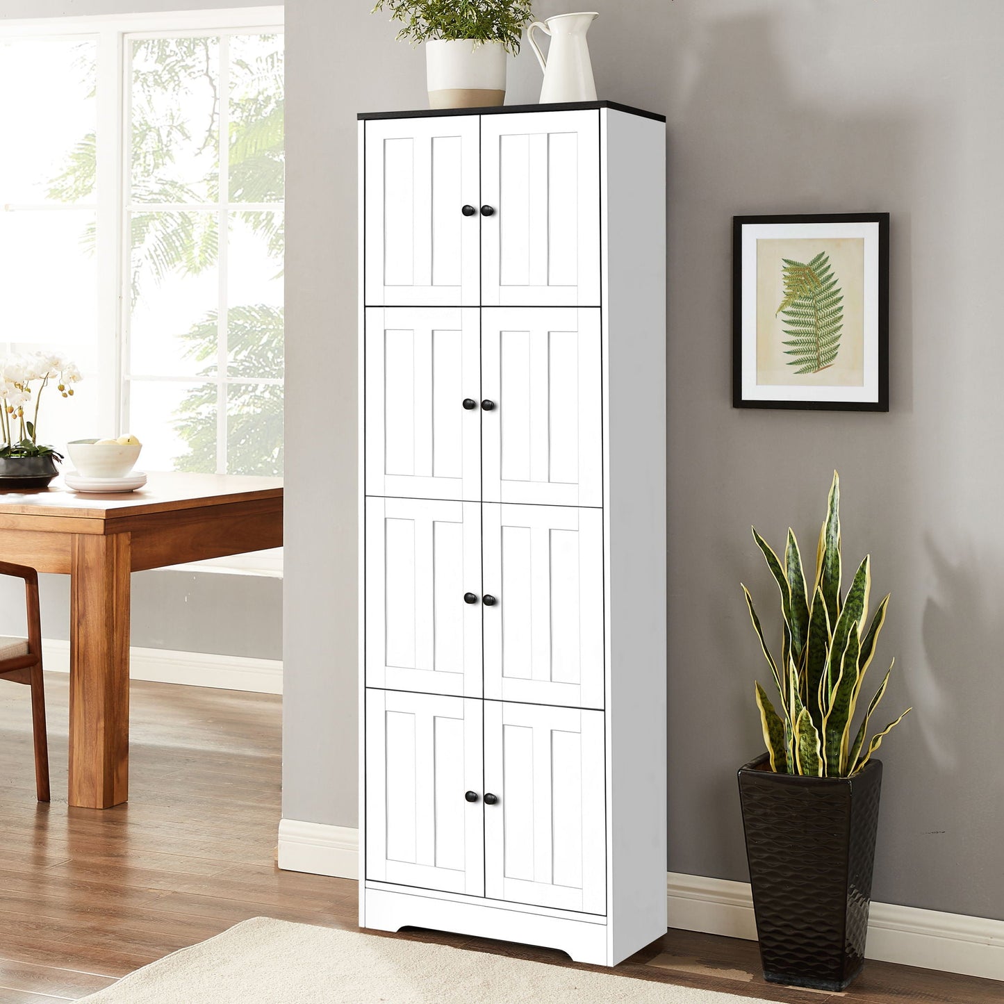 Tall storage cabinet 8 doors 4 shelves white cabinet with black trim HouseOfZazla accent cabinet on Tampa Home & Garden Store