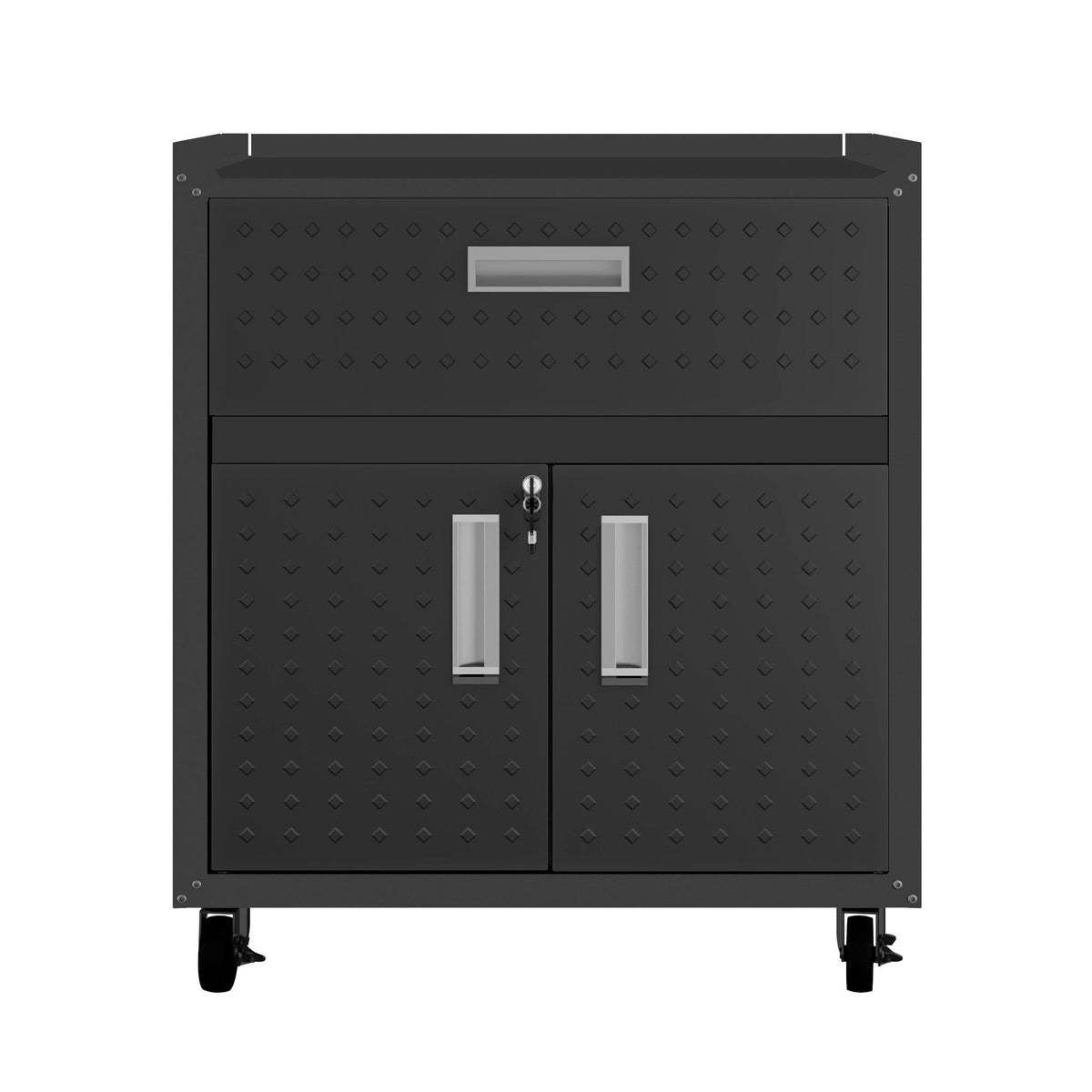 Mobile garage cabinet with locking system in gray and dark gray diamond texture on casters on Tampa Home & Garden Store