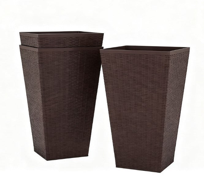 Outdoor Flower Plant Pots tall brown wicker planters with drainage holes, 2 shown on Tampa Home & Garden Store