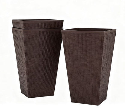 Outdoor Flower Plant Pots tall brown wicker planters with drainage holes, 2 shown on Tampa Home & Garden Store