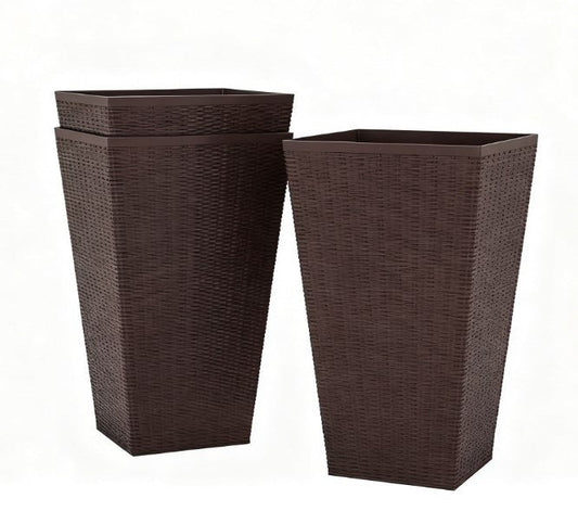 Outdoor Flower Plant Pots tall brown wicker planters with drainage holes, 2 shown on Tampa Home & Garden Store