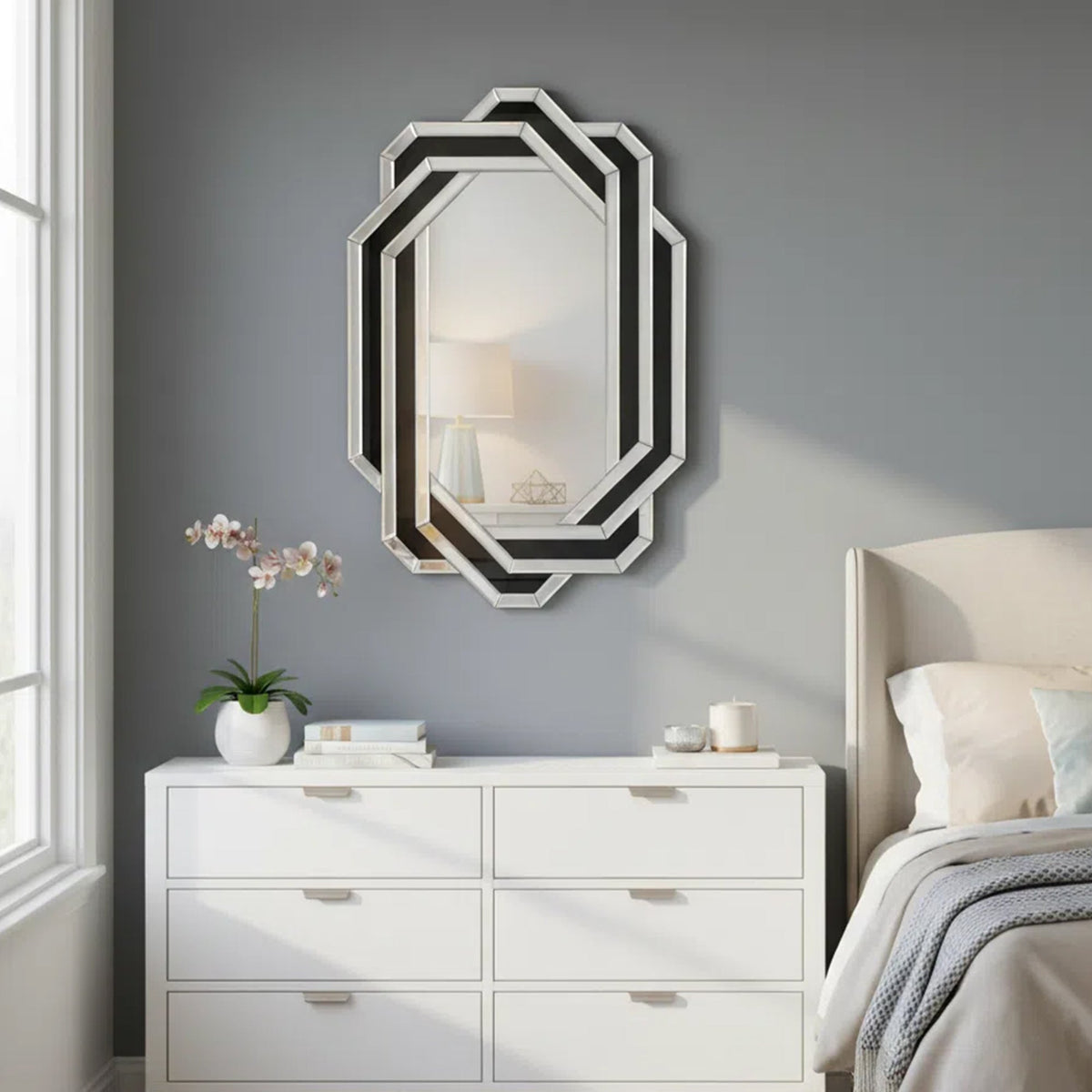 Modern decorative wall mirror with interlocking silver-black hex frame for bathroom vanity on Tampa Home & Garden Store