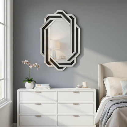 Modern decorative wall mirror with interlocking silver-black hex frame for bathroom vanity on Tampa Home & Garden Store