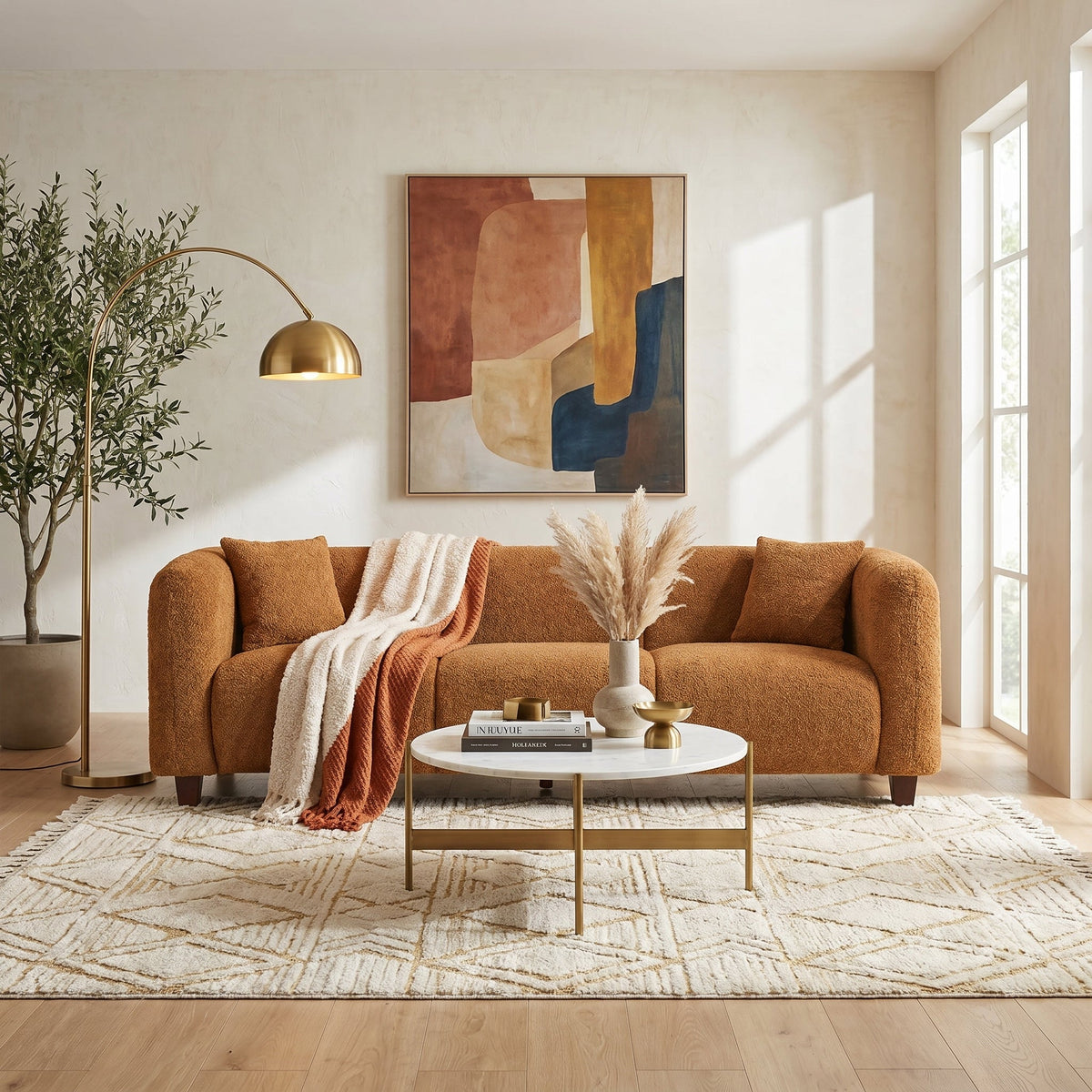 Modern 87 Inch Chenille Sofa by HouseOfZazla with sturdy frame in warm clay-brown on Tampa Home & Garden Store