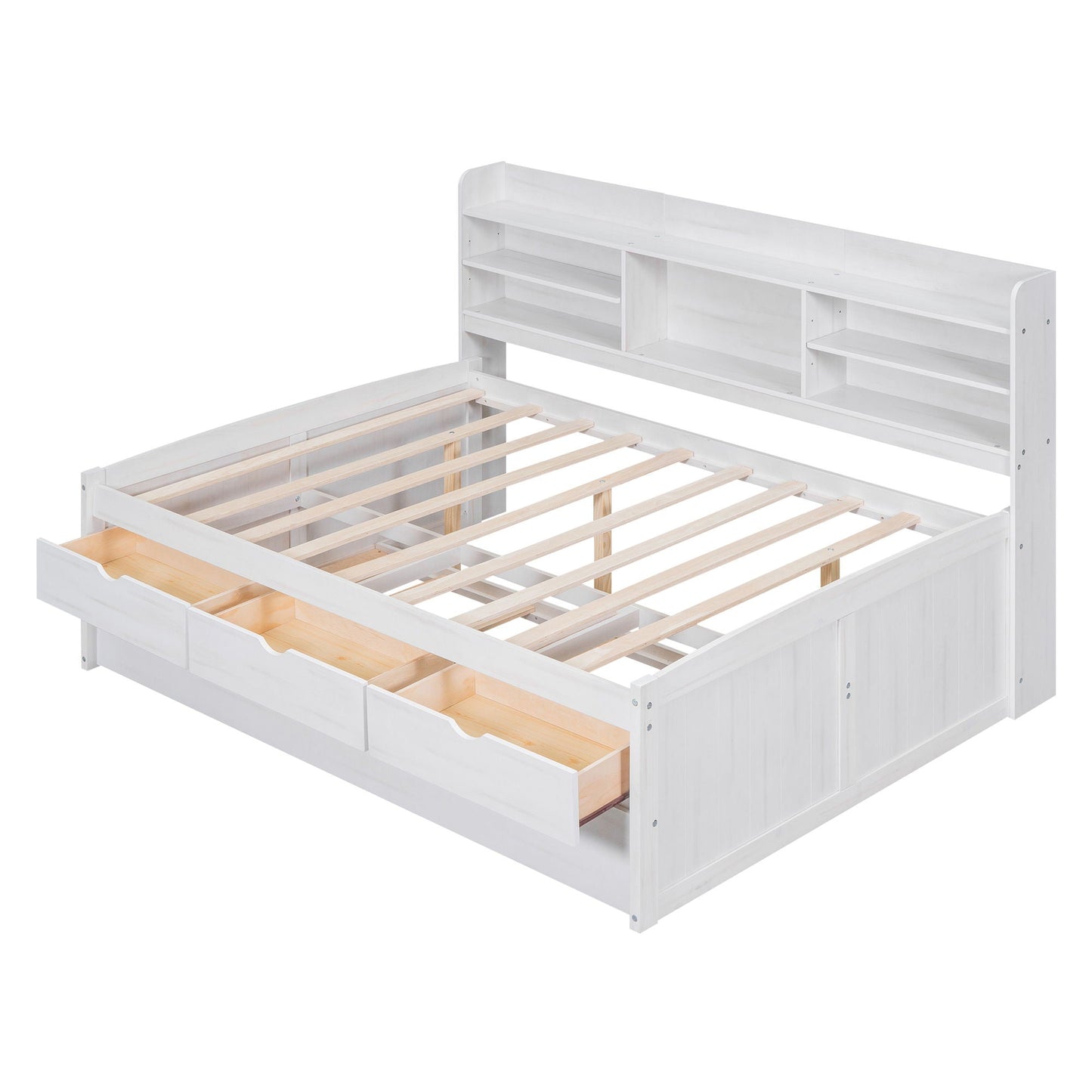 Captain bed with built-in bookshelves, white finish, trundle and 3 storage drawers on Tampa Home & Garden Store