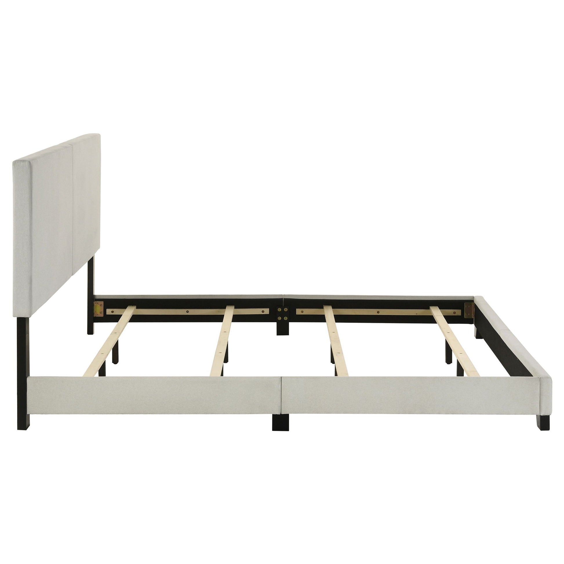 Efram Panel Bed upholstered in light gray fabric with black metal frame and wood slats on Tampa Home & Garden Store