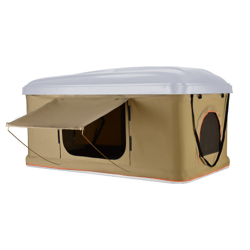 Self-driving tour camping hard shell roof tent in beige canvas with white shell on Tampa Home & Garden Store