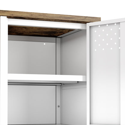 Storage Cabinet TV Stand with steel frame, white finish, wood top, dual cabinets on Tampa Home & Garden Store