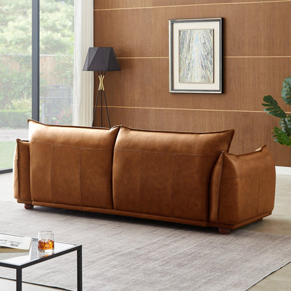 HouseOfZazla mid-century modern luxury sofa in brown leather with tufted panels in living room on Tampa Home & Garden Store