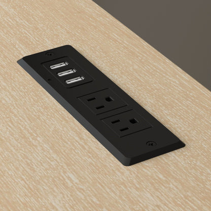 Tan wood writing desk surface with built-in black USB power strip on Tampa Home & Garden Store