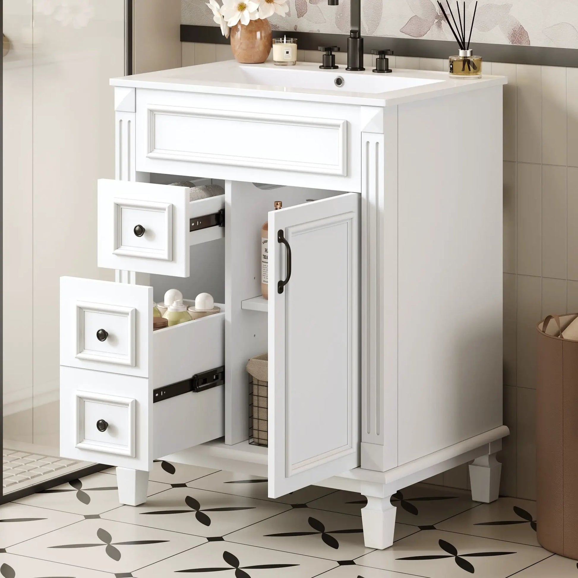 Bathroom vanity with sink, white cabinet, 2 drawers and adjustable shelf on Tampa Home & Garden Store