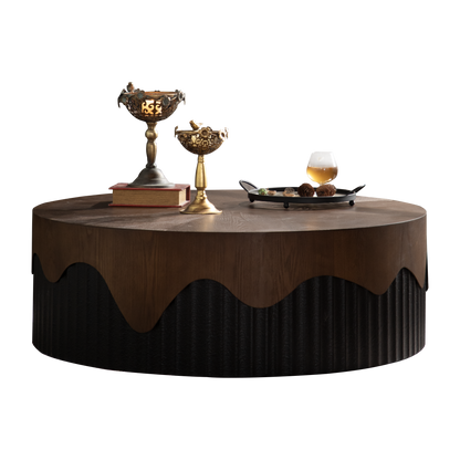 HouseOfZazla handcrafted round dark wood coffee table with brass candle holders on top on Tampa Home & Garden Store