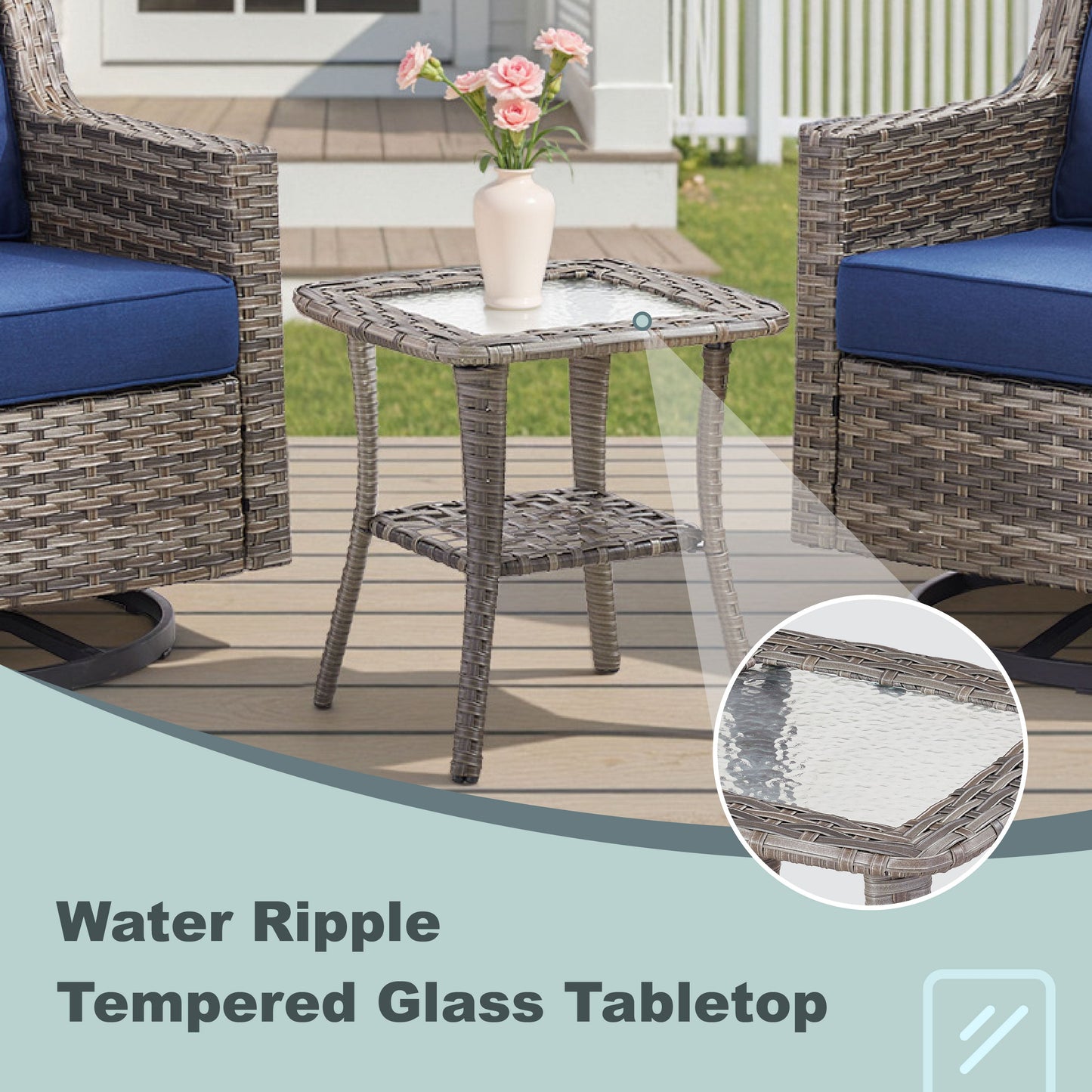 Swivel outdoor chairs set of 2 with blue cushions and grey wicker, glass-top side table on Tampa Home & Garden Store