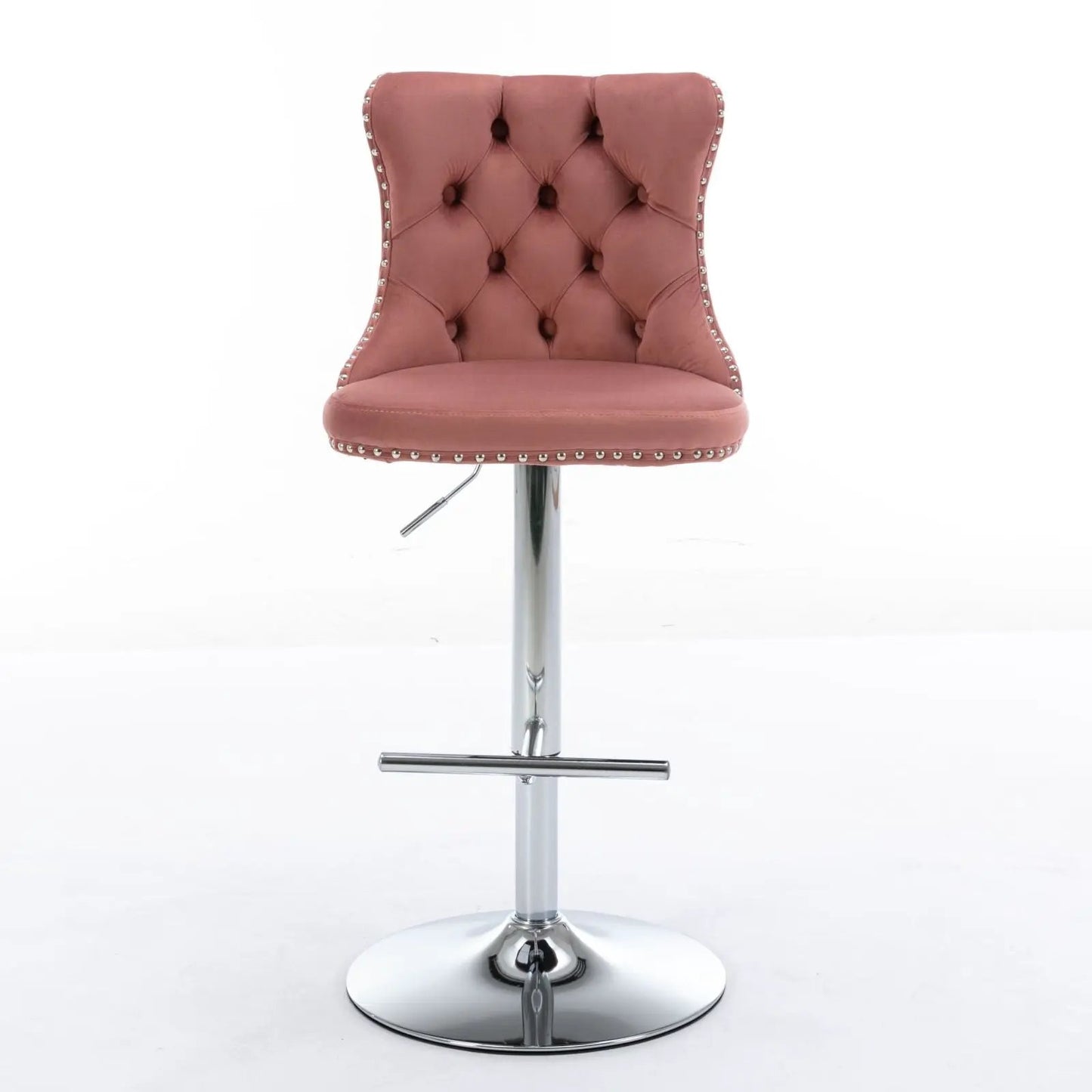 Pink tufted swivel bar stool with chrome pedestal base, nailhead trim, adjustable 25–33 in on Tampa Home & Garden Store