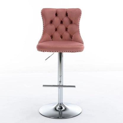 Pink tufted swivel bar stool with chrome pedestal base, nailhead trim, adjustable 25–33 in on Tampa Home & Garden Store