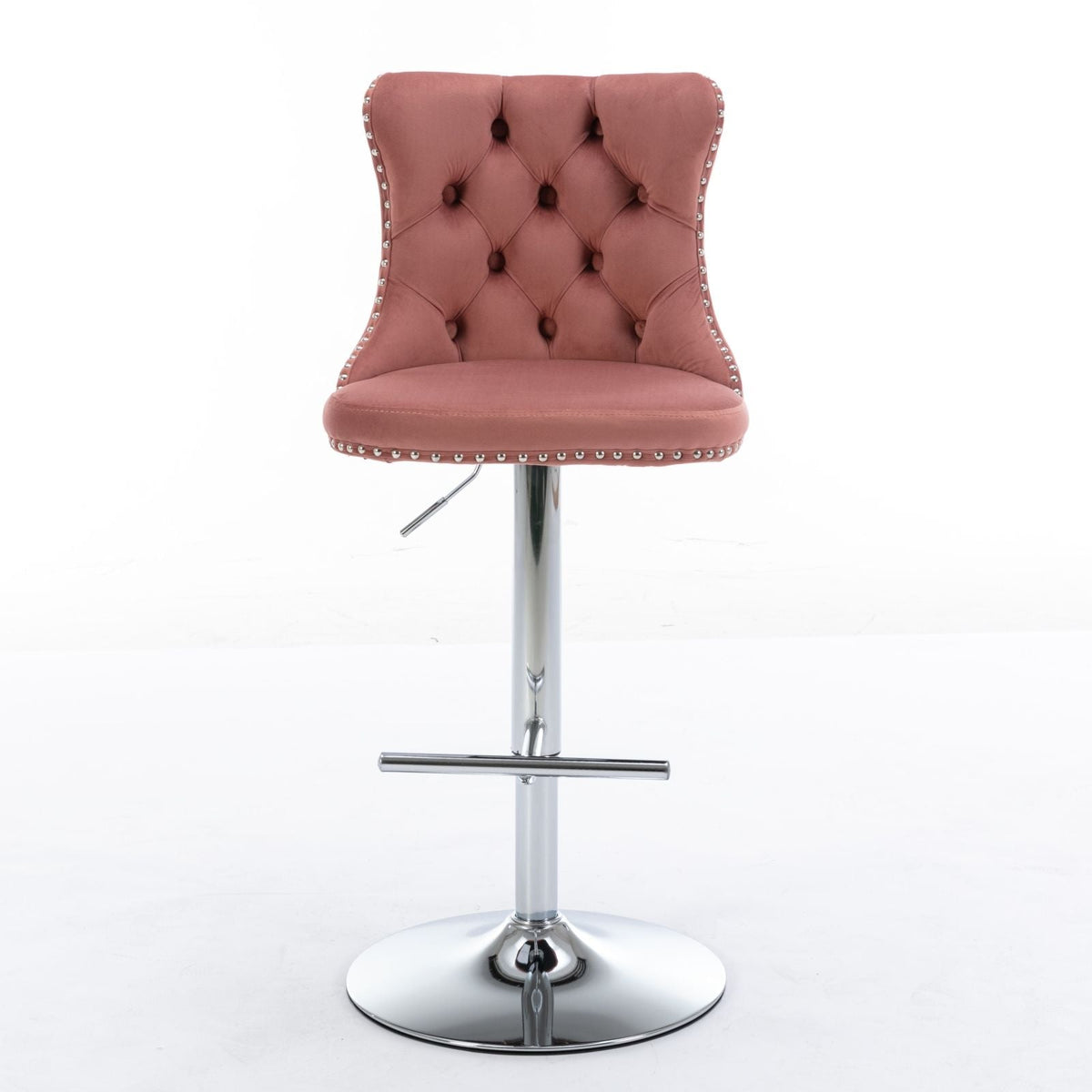 Swivel bar stool pink velvet tufted with chrome pedestal base, adjustable height on Tampa Home & Garden Store