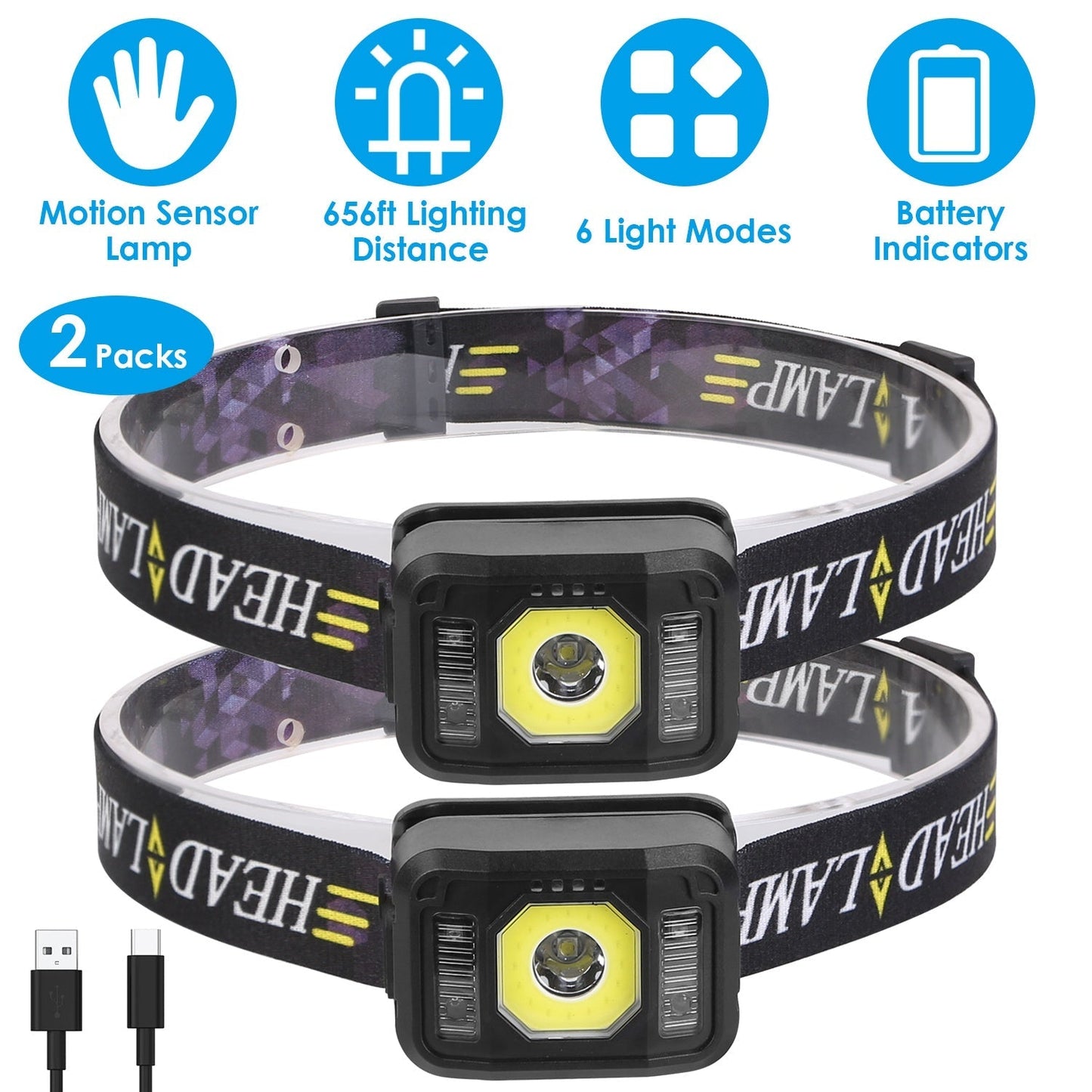 GemGear 2-pack motion-sensor headlamps with COB LED, 6 light modes, USB charging cable included on Tampa Home & Garden Store