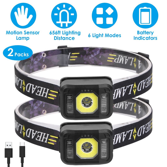 GemGear 2-pack motion-sensor headlamps with COB LED, 6 light modes, USB charging cable included on Tampa Home & Garden Store