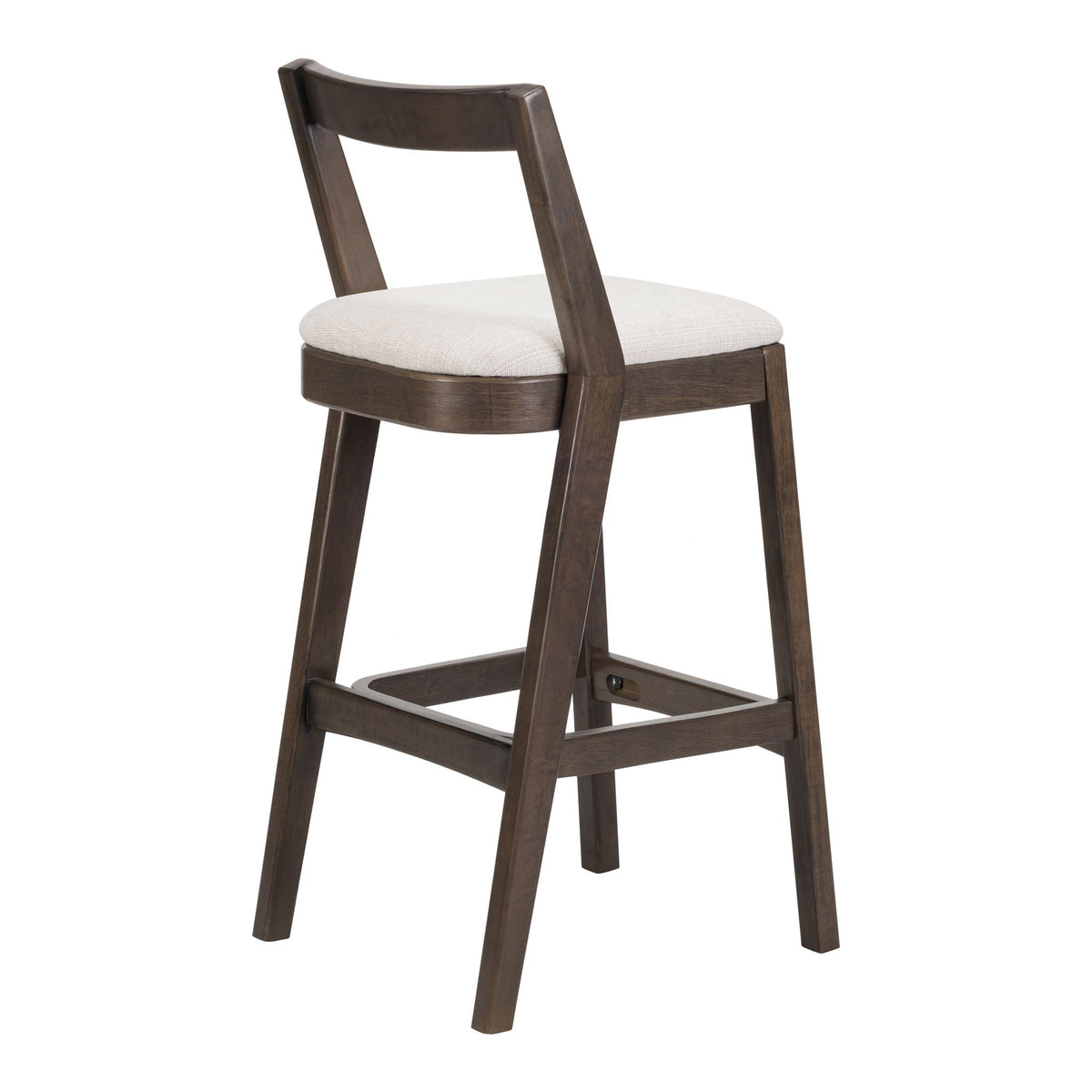 Jasper indoor barstool with dark brown rubberwood frame, curved backrest, and beige upholstered seat on Tampa Home & Garden Store