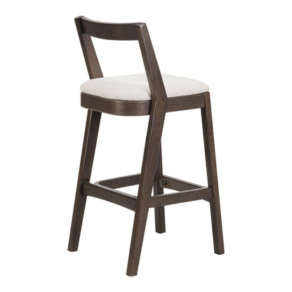 Jasper indoor barstool with dark brown rubberwood frame, curved backrest, and beige upholstered seat on Tampa Home & Garden Store
