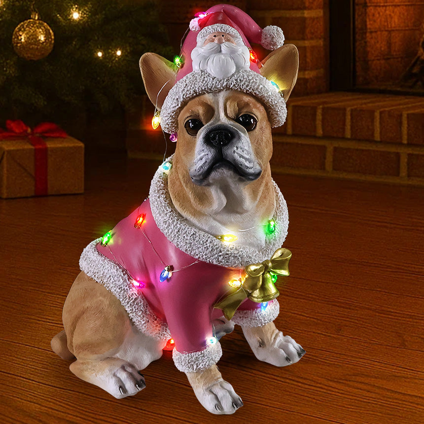 Christmas French Bulldog Statue in pink Santa outfit with white trim and lights by HouseOfZazla on Tampa Home & Garden Store