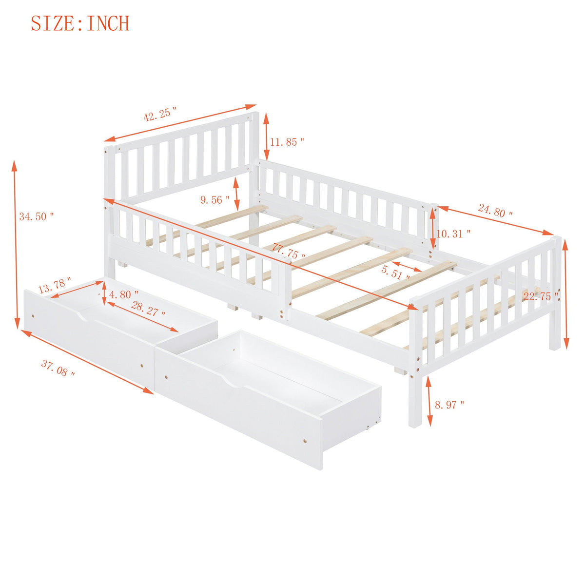 Platform bed with guardrails on both sides and two built-in storage drawers, white finish on Tampa Home & Garden Store