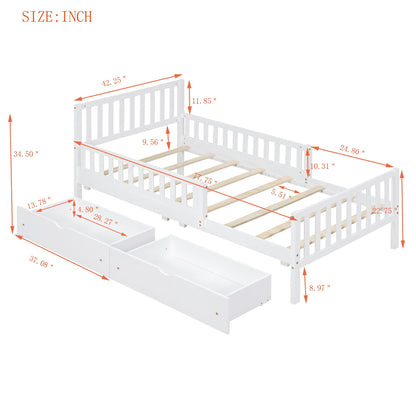 Platform bed with guardrails on both sides and two built-in storage drawers, white finish on Tampa Home & Garden Store