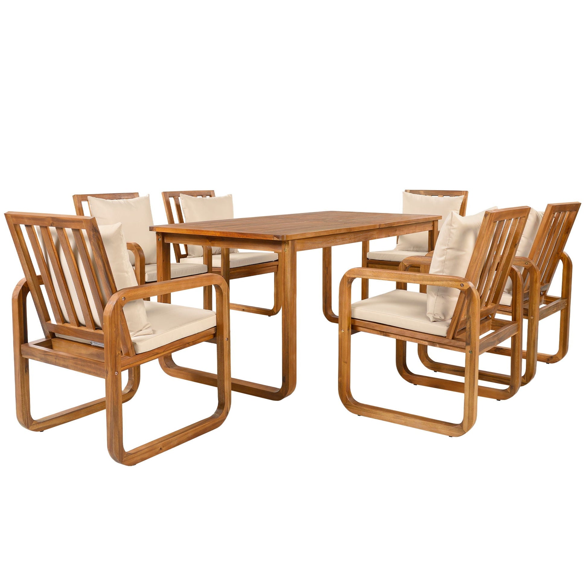 7 Piece Outdoor Patio Dining Set With Removable Cushions, natural wood, beige cushions on Tampa Home & Garden Store