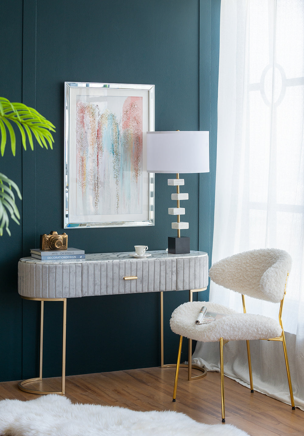 Table lamp D15x30 with white marble blocks on brass frame and white shade by HouseOfZazla on Tampa Home & Garden Store