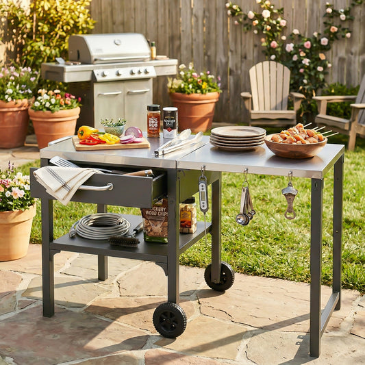 Outdoor Kitchen Cart Foldable Prep Station by HouseOfZazla, stainless steel cart with drawers on Tampa Home & Garden Store