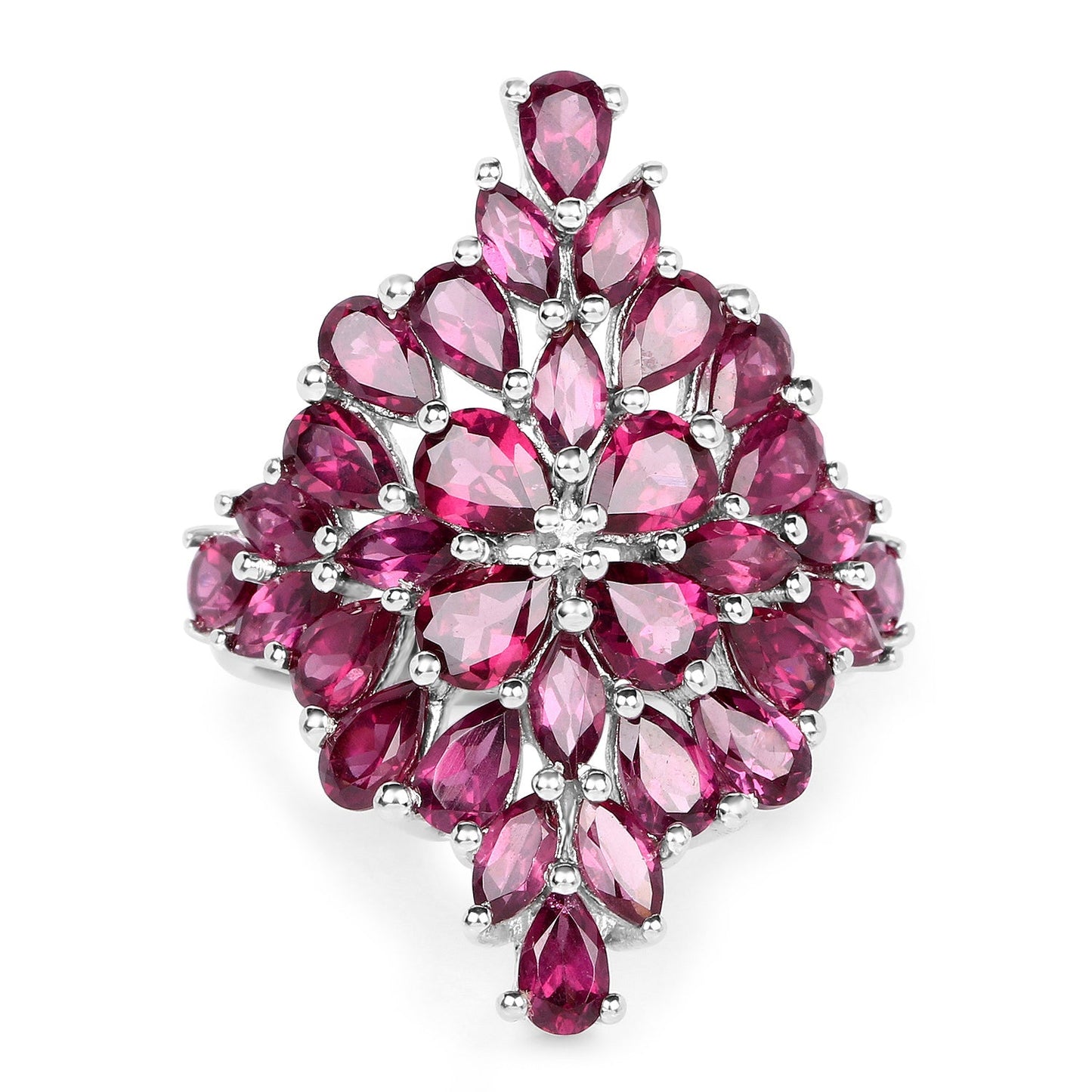 7.52 Carat genuine rhodolite cluster ring in .925 sterling silver with pink teardrop stones on Tampa Home & Garden Store