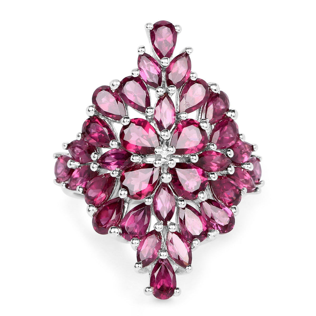 7.52 Carat genuine rhodolite cluster ring in .925 sterling silver with pink teardrop stones on Tampa Home & Garden Store