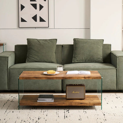 Durable Table For Living Room wooden top coffee table with glass sides before green sofa on Tampa Home & Garden Store