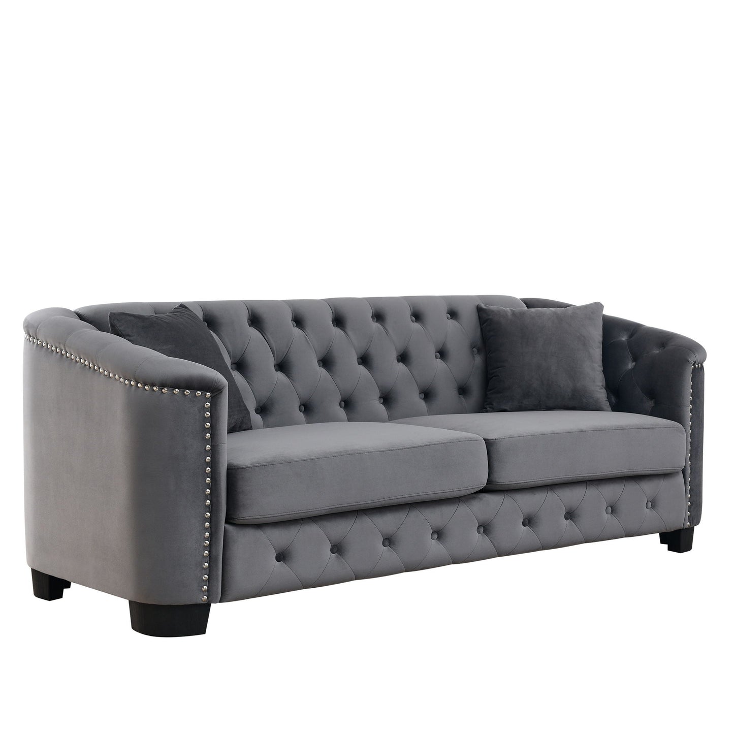 Modern Chesterfield sofa by HouseOfZazla with tufted backrest in gray, nailhead trim on Tampa Home & Garden Store